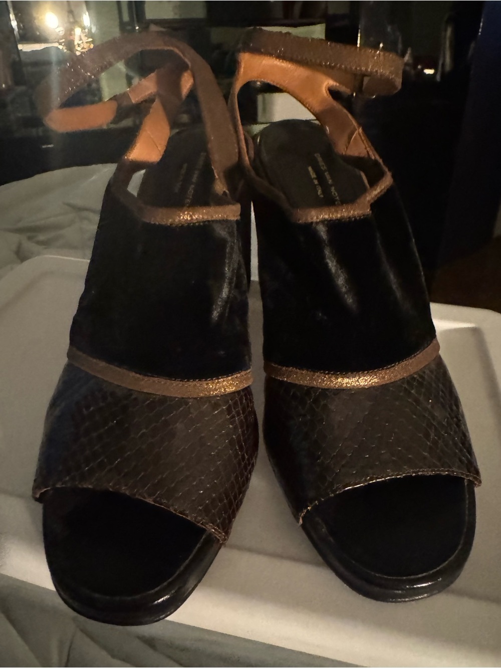 Dries Van Noten Black and Brown Textured Open-Toe Heels